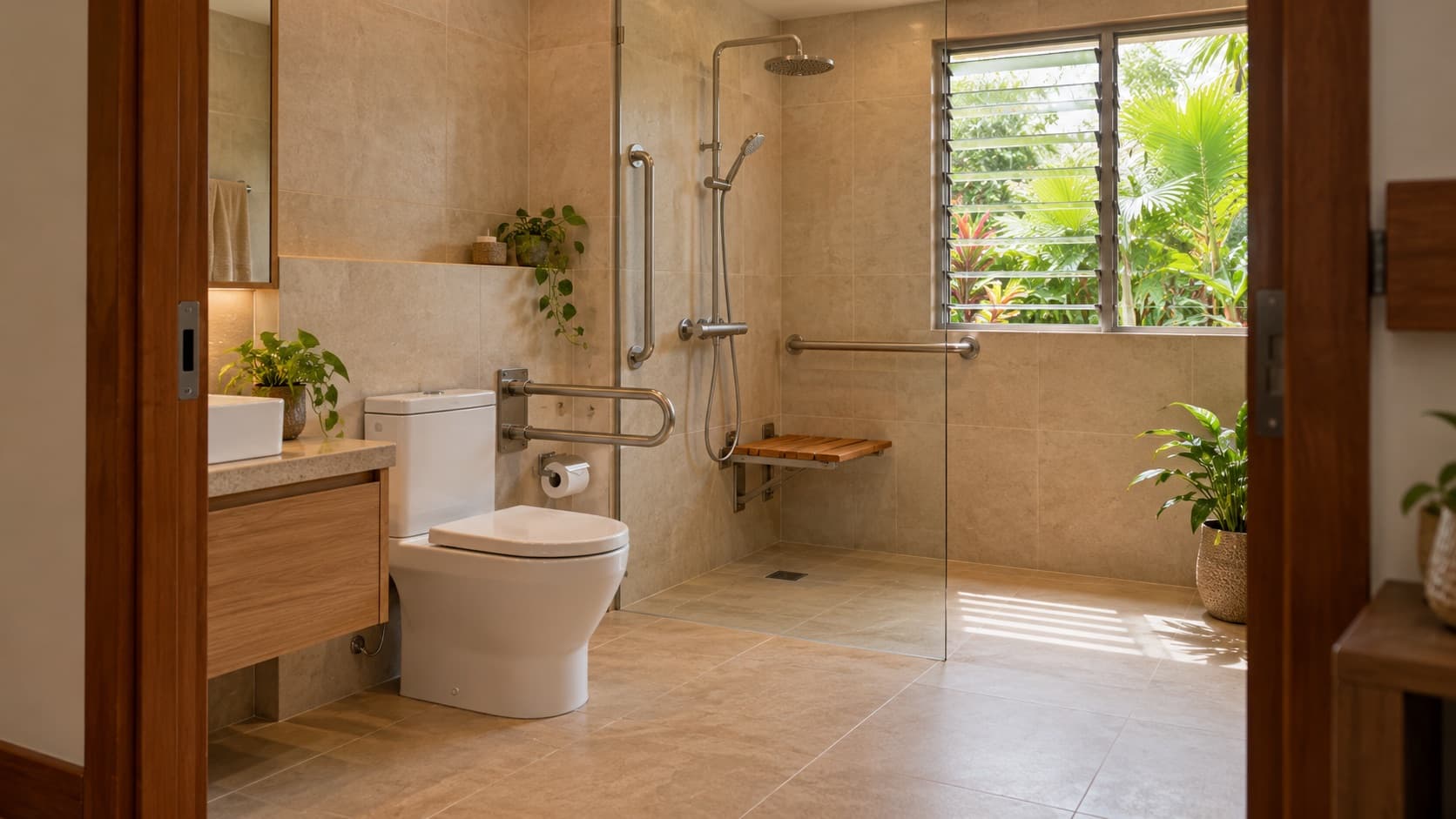 Ground-floor bathroom with a level walk-in shower, fold-down teak seat and stainless steel grab bars in a Malaysian landed home